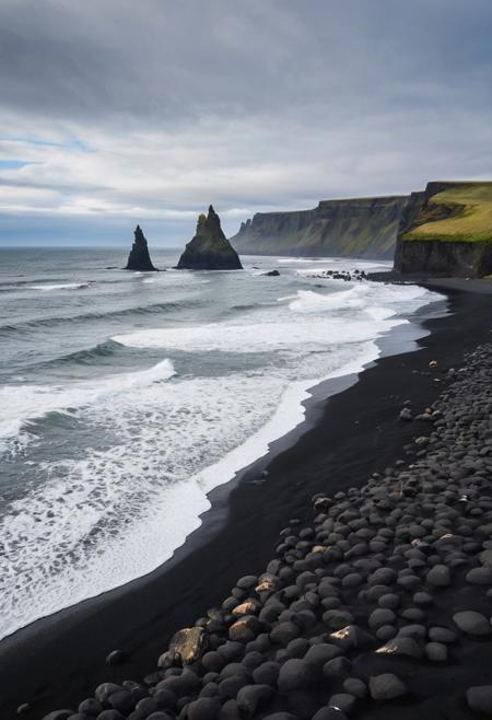 Photorealistic landscape of Reynisfjara Beach in Iceland. The scene features black sand, towering basalt sea stacks known as Reynisdrangar, and powerful Atlantic waves crashing against the shore. The sky is dramatic with fluffy white clouds and a hint of mist. The surrounding cliffs are steep and rocky, with nesting seabirds such as puffins and guillemots. The atmosphere is rugged and serene, capturing the unique beauty of this iconic black sand beach. High-resolution, sharp focus, and detailed textures
