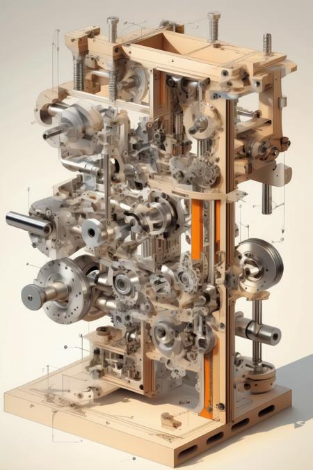 <lora:Isometric Cutaway:1>Isometric Cutaway - A complex mechanism assembly illustrated in a technical drawing. The detailed drawing depicts the intricate interplay between several components that work in harmony to achieve a common goal. The components are connected by joints and fasteners, forming a rigid structure that is sturdy and functional. The environment is a clean, well-lit engineering workshop, with a cluttered desk and a few tools lying around. The mood is focused and precise, with a sense of meticulous attention to detail. The atmosphere is professional, with a hint of creativity and innovation. The lighting is bright and direct, highlighting the intricate details of the mechanism, and casting sharp shadows that enhance its complexity.