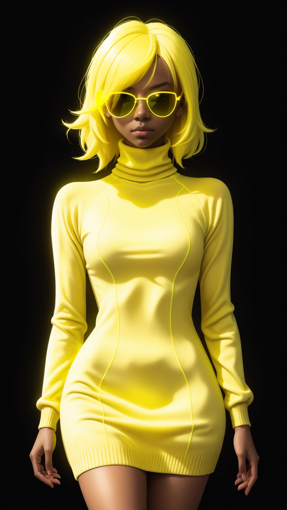 ((glowing neon yellow sunglasses)), (glowing neon yellow turtleneck sweater dress), glowing neon yellow hair, dark skin, b...