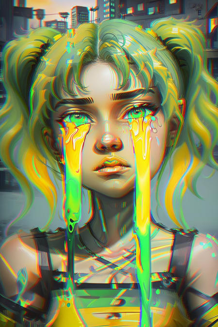 spilled eyes,green,twintails,wavy,tears, looking at viewer, yellow crop top, city background, electricity, <lora:stereoscopic:0.5><lora:Zeri:0.6> <lora:trippy tears-v9:1>