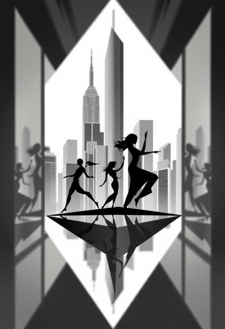 A logo inspired by a dynamic, theatrical cityscape with surreal architecture. Elegant figures in action poses, moving through gravity-defying mirrored spaces. Geometric shapes, clean lines, balance, symmetry, muted rich colors, glowing highlights, blurred lines.