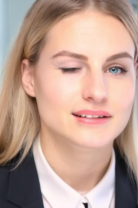 close up portrait photo of an 20 years old european blonde haired woman wears office suite  sitting in office,  (<lora:makeup_050_cosine_iter2_ 0001_sdxl_deamon_10epoches_adafactor-step00008200:0.8> (winks with one eye at viewer) and ((biting her lips)), one eye open and one eye closed )  , 8k, uhd, realistic, detailed skin, insane detailed, Illumination daylight,