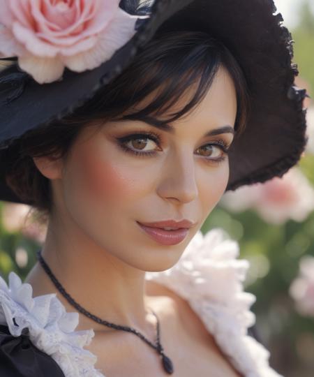 closeup head and shoulders portrait,catherine bell woman is smelling pretty roses in a beautiful rose garden,wearing a witch costume,crying_with_eyes_open,detailed skin,perfect skin,perfect eyes,photorealistic,film grain,color graded cinematic,necklace,atmospheric lighting,macro shot,skin pores,imperfections,natural,shallow dof,detailed irises and pupils,high detailed defined skin pores,<lora:catherine bell v3a:1>,