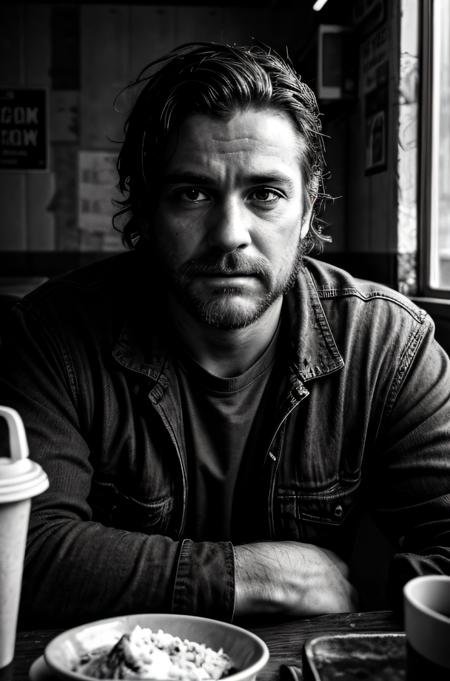 Gritty Portrait Photo of a weary, rugged individual sitting in a sparse, nondescript diner, his eyes betraying a sense of resigned acceptance, illuminated by the stark, fluorescent light overhead, from a close-up perspective, showcasing the film's exploration of fate, inevitability, and the changing nature of the world  <lora:more_details:0.7>  <lora:picxer_real:0.7>
