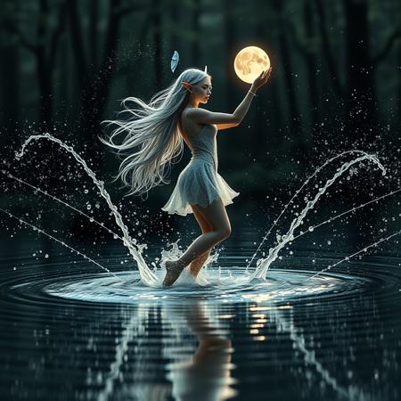 Magical elf dancer on the surface of shallow pool dancing gracefully, surrounded by huge splashes of water droplets all around her, Extremely detailed cinematic film still of a vibrant piece, capturing an elf immersed in the rippling reflections of a shallow pool, causing splashes of water to shoot up all around her where every step stirs the water’s surface splash shooting upwards, soft volumetric lighting, sparkling, shimmering, intricate details, fantasy, ultra sharp focus, crystal clear, extreme contrast, VFX fine art, ultra CGI rendering, 16K, 3D, hdr, vibrant, fantasy core, the splashes of water droplets are all around her as they glitter like diamonds under the light of the moon 
 A photorealistic, enchanting image of a sexy Moon Elf set in a mystical, moonlit forest waters surface, she has long, flowing silver hair that shimmers in the moonlight,  magical She wears a delicate, lace outfit made of sheer, sparkling fabric made of water droplets, adorned with intricate silver and sapphire accents, enhancing her graceful, slender, and curvy physique. The scene is bathed in a serene, mystical glow, with the full moon casting dappled light through the trees and creating a magical ambiance , fairy lights, The composition includes a shallow depth of field, with the focus sharply on the Moon Elf, her confident and seductive pose drawing the viewer’s eye.