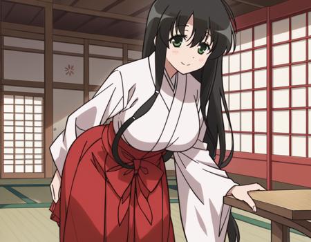 kasumi iwato, long hair, black hair, green eyes, hair between eyes, large breasts, skirt, japanese clothes, hakama, hakama skirt, miko, red hakama,