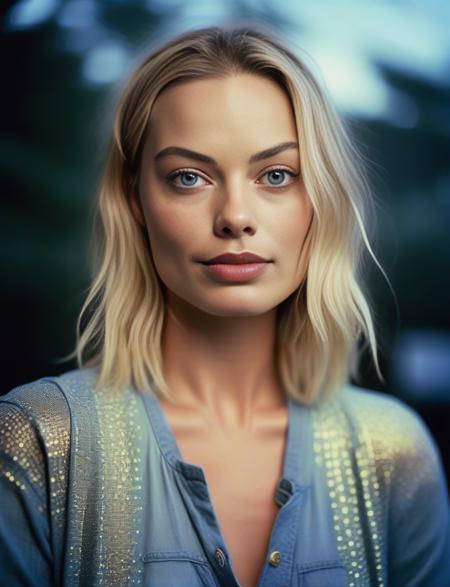 MargotRobbie, photograph, Bioluminescent Ugandan Girl, wearing Young Plating Skinny jeans and cardigan, Japanese Dashed Eyes, split diopter, Illustration, side light, film grain, Fuji superia 400, 80mm, Rule of Thirds, cinematic,  <lora:MargotRobbieSDXL:1>