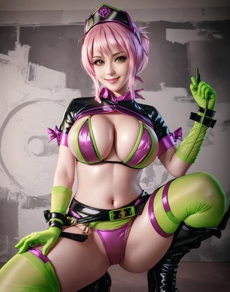 Masterpiece, absurdres, fine detail, HDR, highly detailed face and eyes, photorealistic,smiling,excited, tort,pink hair, green gloves, pink and green bra, black boots, garter belt,a woman in a costume with a green glove , wearing tort,  <lora:tort+:0.65>