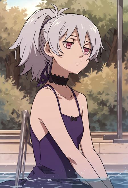 Yin_DDB pink eyes ribbon purple dress black and purple dress ponytail silver hair