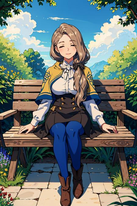 masterpiece, best quality, defMercedes, capelet, hair bow, white shirt, black skirt, blue leggings, brown boots, large breasts, sitting, bench, garden, looking at viewer, smile, closed eyes, happy <lora:mercedes-nvwls-v2-000012:0.8>