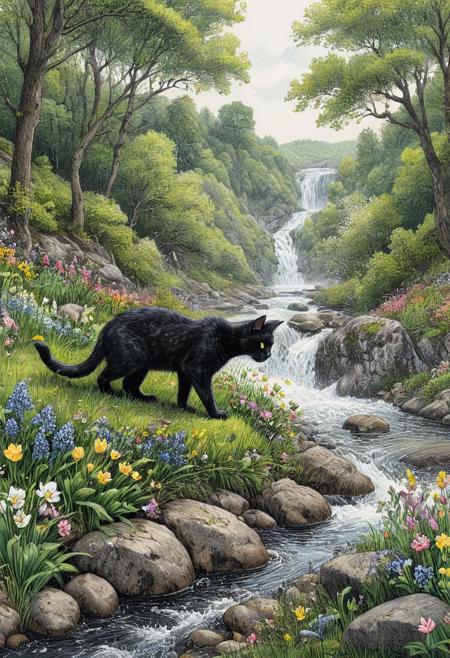 highly detailed and realistic, ink art, line art artwork depicting a black cat playing on a grassy bank dotted with spring flowers, surrounded by dense, vibrant woodlands, beside a fast-flowing, river that cascades swiftly over smooth, grey rocks