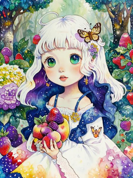 (((portrait))) ,(((masterpiece))),(((best quality))), ((ultra-detailed)), (illustration), ((an extremely delicate and beautiful)),floating, (beautiful detailed eyes), (detailed light),(((fruit))),flowers,(((((colorful))))),garden,by alan lee,colorful background,forest,bird,butterfly,<lora:mkru:1>mkru chibi