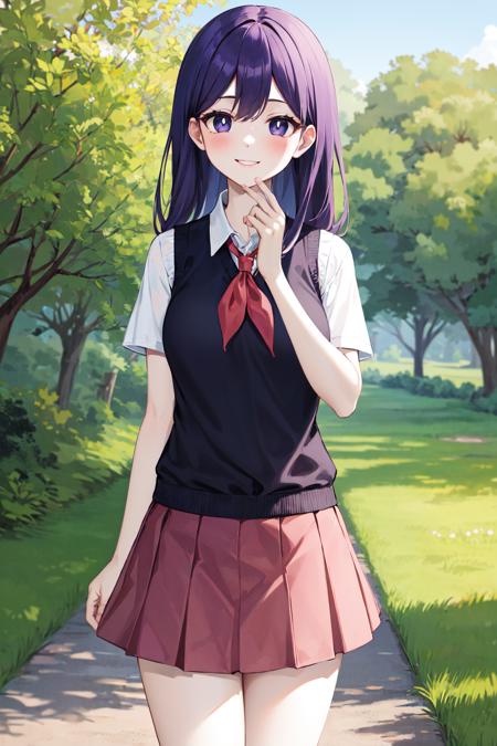 masterpiece, best quality, highres, 1girl, solo, long hair, purple hair, bangs, black eyes, bright pupils, white pupils, white skin, school uniform, red neckerchief, white shirt, sweater vest, black sweater, short sleeves, pleated skirt, pink skirt, <lora:mari_(omori)_v1:0.7>, standing, cowboy shot, outdoors, smile