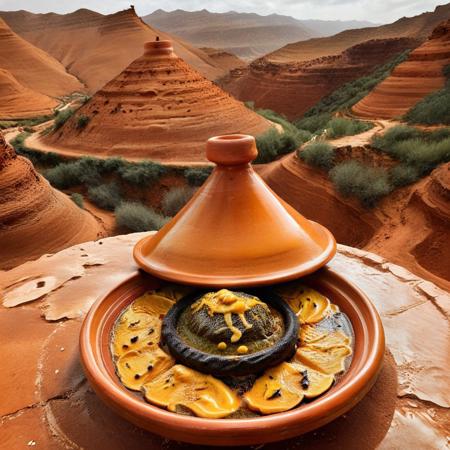 a surreal landscape where hills are shaped like tagine lids, ridges painted with turmeric yellows and burnt umber, rivers of olive oil cutting through soft terrain, occasional glints of embedded spice crystals, sky simmering in smoky orange tones, Tagine