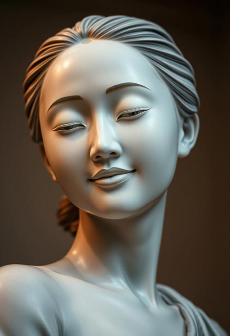 Close-up portrait of a statue of a an asian woman. Her head and body are semi-translucent, with numerous, glowing, fine, hairline cracks. A gentle breeze blows through her hair back as she turns her head slightly and stops to face the viewer. She blinks and then shyly smiles softly at the viewer.