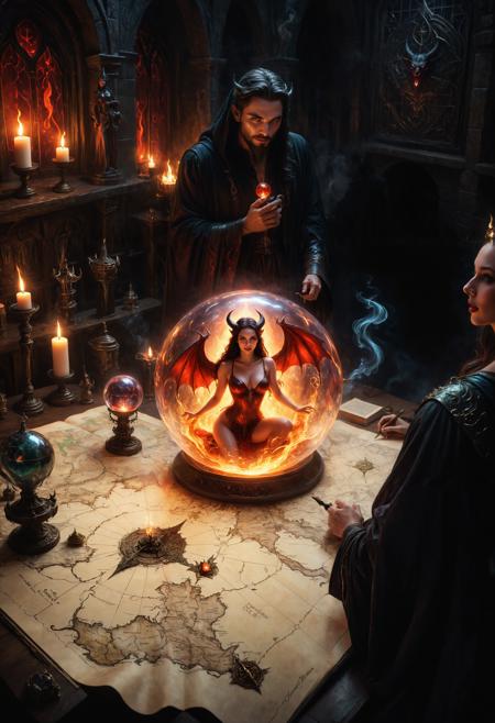 In the dim, flickering light of his foreboding tower, a dark wizard stands over a table littered with artifacts of power. A massive, hand-drawn map sprawls before him, etched with cursed symbols and routes to mystical lands he plans to claim. At its center, a glowing glass orb rests, swirling with a smoky, crimson mist, holding a seductive female demon within. Her form shifts and undulates like a shadow, her striking eyes gleaming with cunning as she watches the wizard, her lips curled in an amused smile.  She reclines within her glass prison, draped in ethereal, flame-like tendrils, her gaze locked onto the wizard as he outlines his dark plans, each word sparking intrigue in her eyes. The orb pulses in sync with her voice, a low, sultry tone that fills the air with dark promises and veiled schemes. As he speaks, she listens intently, her expression a mix of amusement and hunger, subtly guiding his ambitions with whispered temptations of greater power and victory.  Around them, enchanted relics, ancient spellbooks, and smoldering incense add to the atmosphere, shadows leaping on the walls with each flicker of candlelight, amplifying the roomâs dark, intoxicating energy. In his lust for domination, the wizard doesnât see the danger in her smileâa hunger that could consume worlds alongside him.  (1girl, succubus, focus on girl, 1man, looking a each other, side view, close up:1.2)   realistic, photograph, (masterpiece), 8k quality, (detailed eyes:1.2), (highest quality:1.1), highly detailed, majestic, top quality, best quality, newest, ai-generated, (intricate details:1.1), extremely beautiful, elegant, majestic<lora:SDXLFaeTastic2400.safetensors:0.3:0.3> <lora:world_glass-000004.safetensors:0.4:0.4> <lora:Magical_Parchment_v2.safetensors:0.4:0.4>