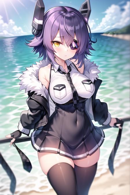 highres, absurdres,best quality, masterpiece, tenryuu \(kancolle\) ,1girl, black gloves, black jacket, black skirt, black thighhighs, breast pocket, checkered necktie, collared shirt,eyepatch, fur-trimmed jacket, fur trim, gloves, headgear, high-waist skirt, jacket, necktie, partially fingerless gloves, pleated skirt, pocket, purple hair, shirt, short hair, skirt, sleeveless, sleeveless shirt, white shirt ,yellow eye, open jacket, standing, sea, ocean