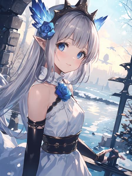 masterpiece,best quality,highres,cinematic lighting,dramatic angle,1girl,silver hair,hime cut,blue eyes,pointy ears,hair ornament,white dress,bare shoulders,elbow fingerless gloves,cross-laced black legwear,<lora:CygamesLilyV1-000018:0.8:lbw=1,1,0.1,1,1,0.1,0.1,1,1,1,1,1,1,1,1,1,1>,happy,looking at viewer,turning head,holding bunch of blue rose,head tilt,from side,winter,cowboy shot,