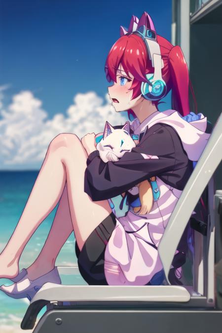 best quality, masterpiece, highres, solo, {irving_amelia_renaiflops:1.15}, red_hair, long_hair, twintails, blue_eyes, bangs, headphones, fake_animal_ears, animal_ear_headphones, animal_ears, cat_ear_headphones, hoodie, 1girl, hood, from_side, profile, sitting, crying, crying_with_eyes_open, hood_down, tears, hugging_own_legs