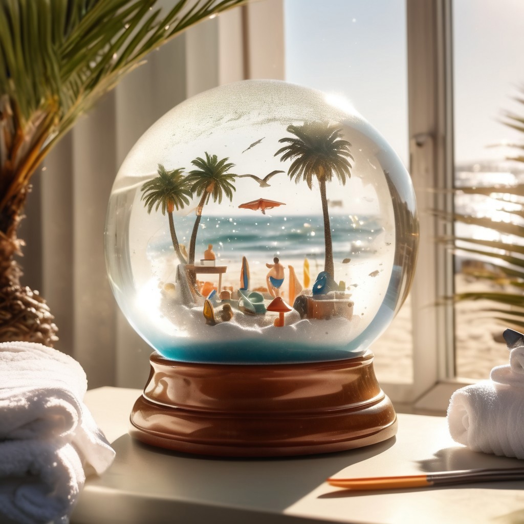 A summer snow globe with a beach, sufers, waves, palm trees, towels, swimmers, seagulls, fish inside a glass globe on a desk, beautiful sunrays sunshine stunning lighting sparkling sun glittering waves