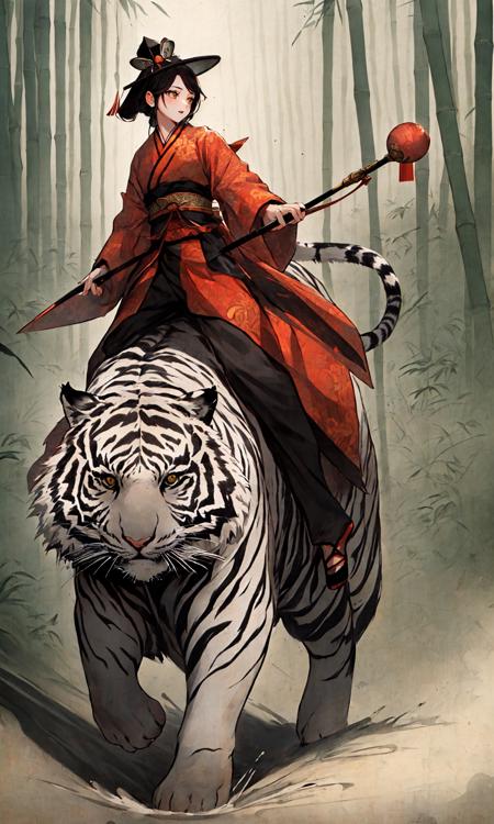 A stunning Chinese beauty in traditional Hanfu attire riding a massive tiger, carrying a large gourd,
in the style of Chinese ink paintingEast Asian architecture
1girl,  solo,  Bamboo hat, (white tiger:1.6),
<lora:Riding a giant tiger_20230822144927:0.8>