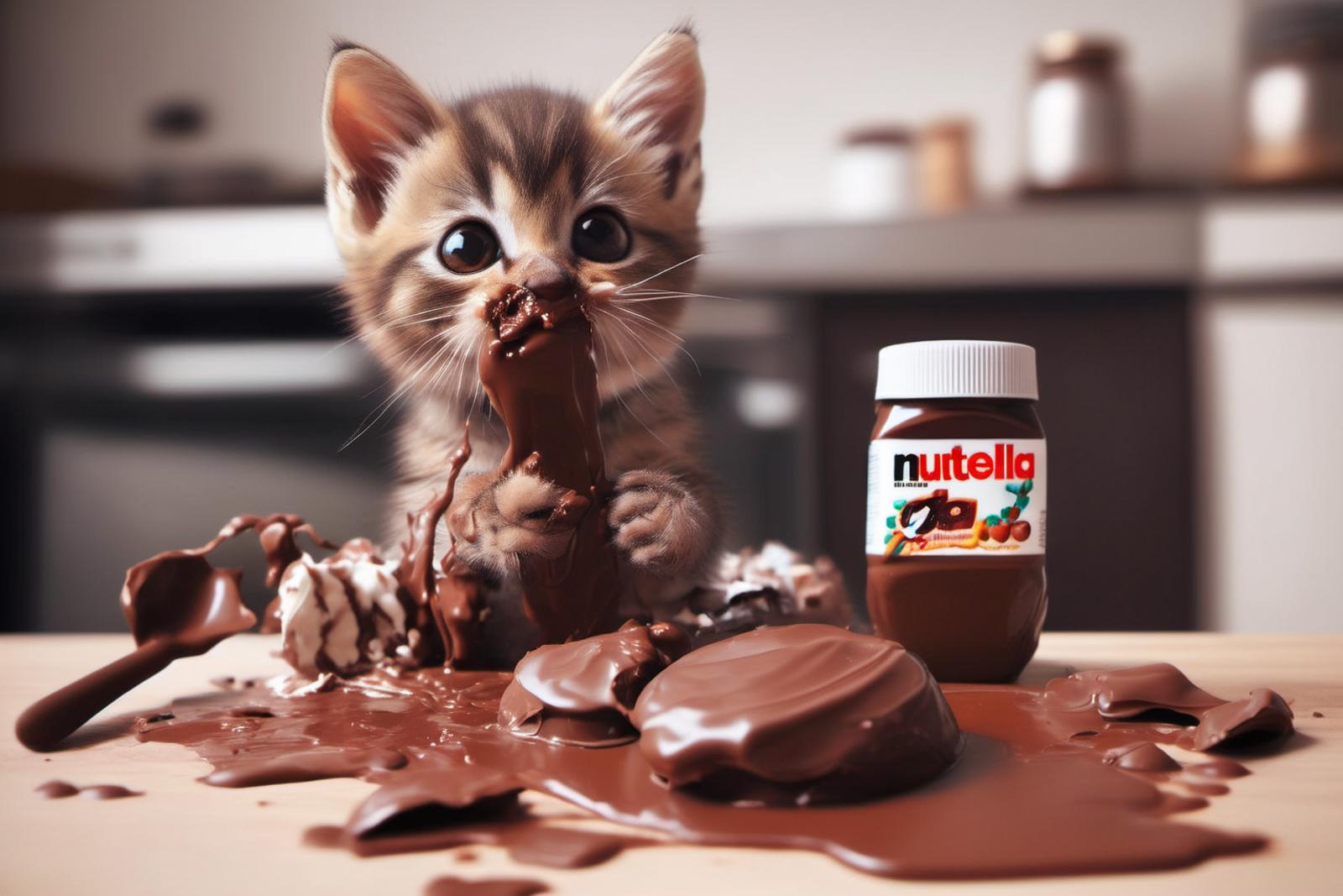 A Kitten Eating Nutella Out of a Jar with Chocolate Spread All Over the Table