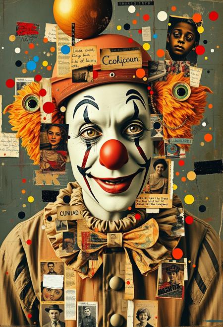 Outsider art. A surreal and deconstructed boldly coloured mixed-media collage in the style of Jacques Prévert with an urgent sense of chaos and energy. An analogue collage artwork blending fragmented styles, layers and textures. 
A faded vintage sepia photograph of 1920s American travelling carnival clown.
Layered over this obscuring the image are multiple fragmented and overlapping layers of chaotic thick paint, splatters of paint, palette knife oil paint, handwritten scrawled text messages, torn photographs and broken distorted vintage photographs filling the canvas. Layers of repetition of brightly coloured dots in Yayoi Kusama style. Fragmented scribbles and abstract graffiti images in Jean-Michel Basquiat style over the top. The overall effect is manic and anarchic with an urgent sense of energy.