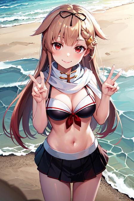 masterpiece, best quality, highres, poi2, yuudachi kai ni \(kancolle\), braid, sailor bikini, hair flaps, white scarf, black bikini, hairclip, bikini skirt, <lora:yuudachi_(kancolle)_v1:0.7>, standing, beach, peace sign, v, smile,