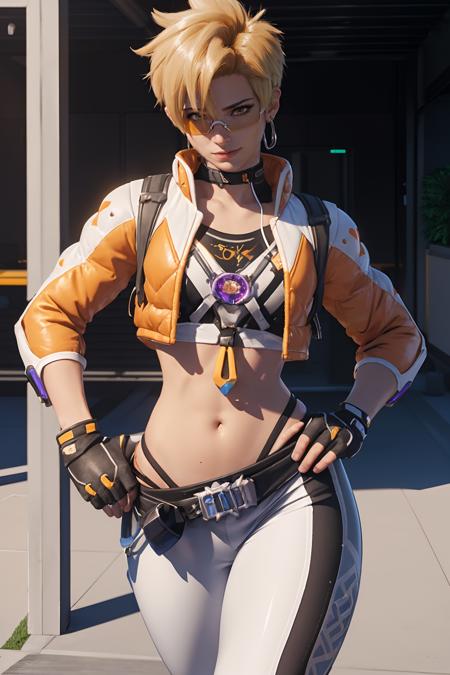 tracerkpop tracer (overwatch),  (white and orange puffy jacket), brown eyes, pink chest harness, collarbone, cowboy shot, ear piercing, fingerless gloves, gloves,  jewelry,  looking at viewer, yellow visor, black leggins, piercing, blonde spiked hair, , navel , midriff 