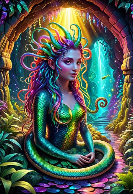 a  medusa  with wriggly snake hair  in a magical mythical setting, Cave whose walls are covered with shimmering plants, prismatic snakes, vibrant  surreal, whimsical, playful, intricate details, cinematic lighting, digital painting, trending on artstation, 8k, ultra-detailed, masterpiece, fantasy art,  mythical creatures,  magical atmosphere, ,<lora:SankeHairILL:1>, RainbowUnicornStyle