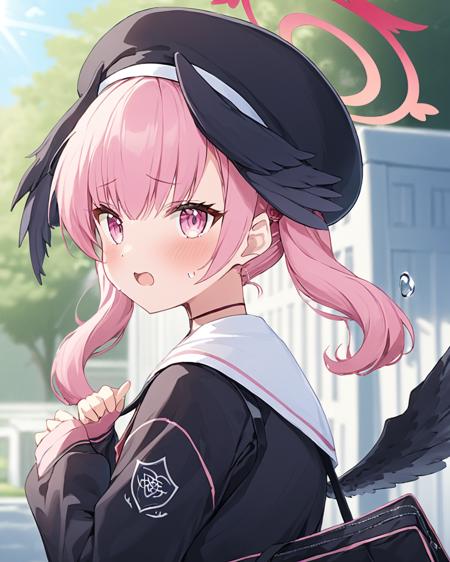 koharu \(blue archive\),1girl, head_wings, solo, blush, twintails, beret, open_mouth, black_wings, black_headwear, halo, looking_at_viewer, bag, holding, feathered_wings, long_sleeves, school_uniform, blurry_background, winged_hat, upper_body, low_wings, white_sailor_collar, looking_back, outdoors, sweatdrop
<lora:koharu_(blue_archive)_image2073_2023-11-18_spv:1>,halo,. gorgeous,key visual, vibrant, studio anime,award-winning, professional, highly detailed,high budget, cinemascope