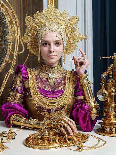 ancient russian traditional headwear with speakers), kks_f4n [glowing] cyborg style (cables), cyberpunk mechanical parts, golden mechanical limbs, science fiction, glass parts, (fashion speakers design), balenciaga, (cyberhelmet:0.4)), (slavic fantasy) cinematic composition, f/1.4, close up film photo, magenta long, gold eyes, exotic jewelry, elegant pose, atmospheric lighting, party mood 
<lora:kks-fan_epoch_10:0.9>