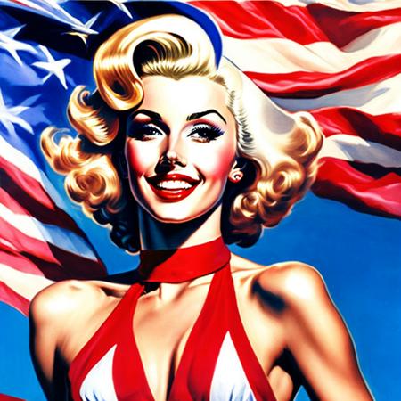 A pinup768 of Marylin Monroe wearing an american flag bikini red white and blue