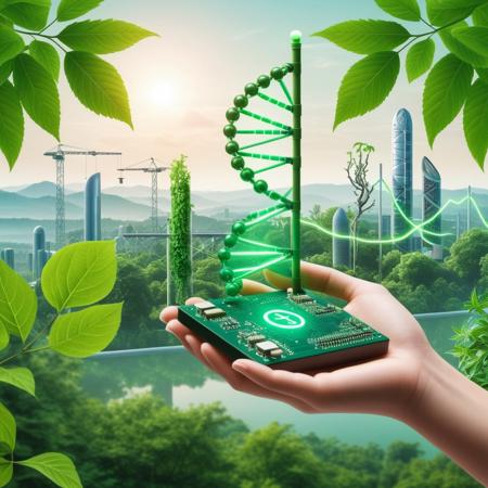 A symbolic representation of bioethics, 
featuring a balance between nature and technology. On one side, 
a human hand holds a DNA strand surrounded by green leaves and plants, 
symbolizing life, 
growth, 
and nature. On the other side, 
a robotic hand holds a circuit board with glowing lines, 
representing technology, 
artificial intelligence, 
and scientific advancement. Between the hands, 
a scale balances the ethical dilemmas of science and nature. In the background, 
a peaceful landscape merges with futuristic cityscape, 
illustrating the harmony and conflict between these two realms, 
incorporate animals
