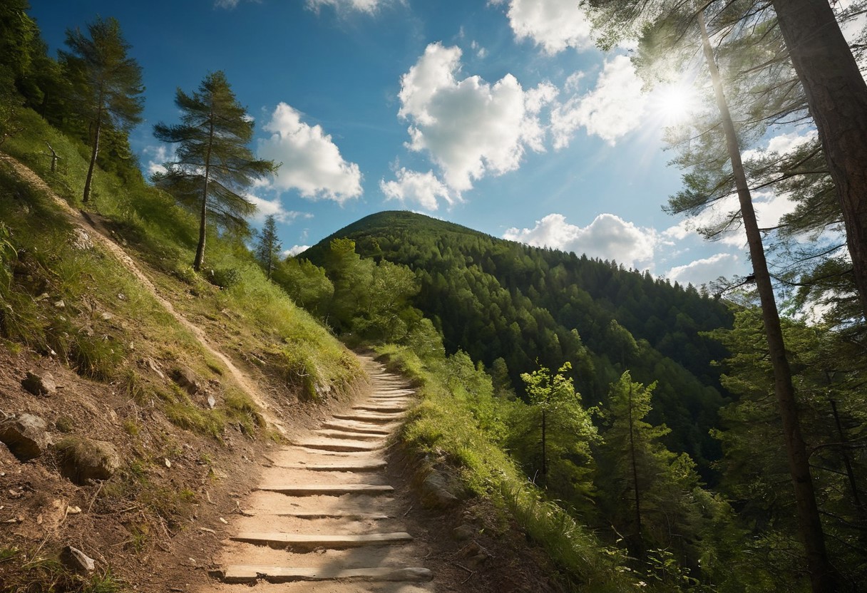 path going up a mountain in the forest, sunny landscape with cirrus clouds,  very realistic photography