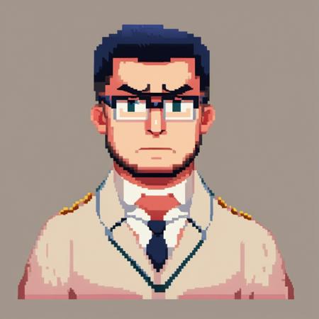 Pixel style image of full body tenxiida character,  serious male,  wearing glasses,  in a school uniform, <lora:EMS-57832-EMS:1.000000>, , <lora:EMS-42849-EMS:1.000000>