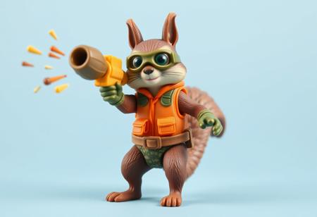 1990s-style action figure toy of an anthropomorphic squirrel dressed as a forest-themed nut defender superhero. The squirrel wears an orange utility vest, forest camo gloves, and goggles, holding a walnut-shell cannon that fires acorn projectiles and confetti nutrient bursts. Stylized accessories mini pumpkin grenades, and a belt of seeds. Bright colors, nostalgic aesthetic, detailed toy design, whimsical and heroic style, bold comic-book shading. Clean background. Frontal view. 4:5 aspect ratio --v 5 --style 90s --ar 4:5