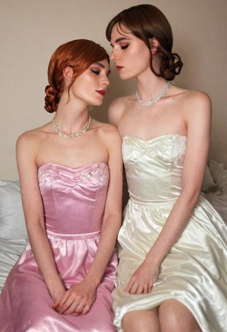 two shy skinny crossdressers, light freckles, slight smile, (lesbian kissing:2), touching
high contrast flash photography, night time, lying next to each other in bed, cheap motel, body hair
(light makeup:1.2)
loose (satin:2)lace retro prom dresses, ribbons