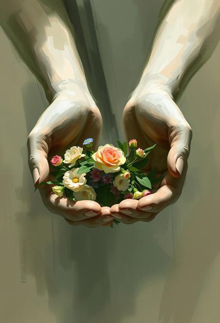 Misty atmospheric digital sketch, loose painterly strokes depicting floral quarters in a giant statue's hands. Baroque style, dynamic movement, rich textures, complementary colors. Dreamlike, ethereal quality, dramatic lighting, unfinished concept art style.