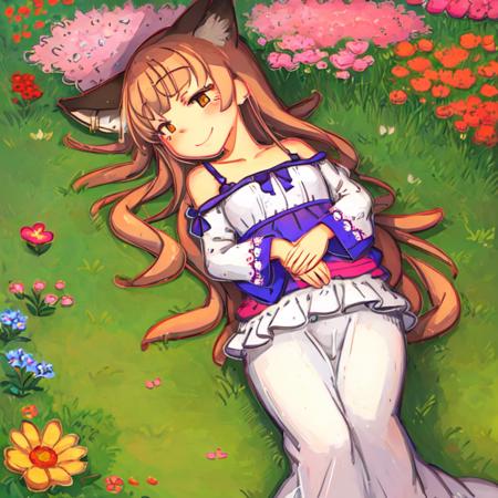 <lora:my-jrpencil-15:1>  little fox girl lies on her tummy in the grass among the flowers, smiles , (illustration), cartoon, detailed