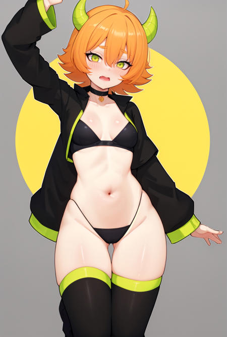 Moursho, green horns, orange hair, yellow hair, bangs, short hair, green eyes, black jacket, green jacket,