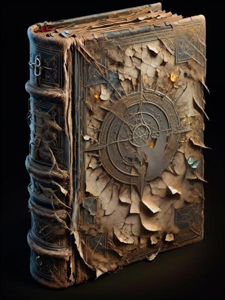 ais-olde book, its leather cover cracked and brittle, pages filled with cryptic symbols glowing faintly in the darkness <lora:Old_Style_SDXL:1>