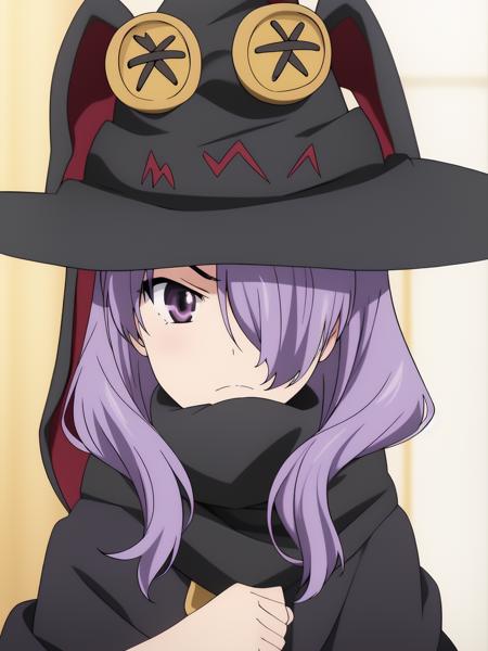 Nanako, purple hair,  witch hat, hair over_one_eye,  purple_eyes, medium_hair, long_hair, nanako, purple hair, short hair, purple eyes, child,