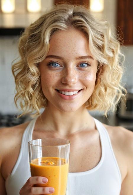 Drinking smoothie, wide-angle view, ((full-figure visible:2.0)), entire body in frame, kitchen overview, ((spacious composition:1.5)), head to toe in shot, standing in kitchen, kitchen advertisement, full body, lips touching glass, glass in front of mouth, (open mouth:1.2), DRINKING, (SMOOTHIE:2.0), drinking smoothie, orange smoothie, yellow smoothie, smoothie in glass, perfect fruits, perfect glass, perfect fingers,  gym clothing, sports clothes, white top, white sporttop, athletic clothing, happy, smiling, laughing, beautiful girl, short light blonde wavy hair, above shoulder length blond curly hair, bob cut, blue eyes, blue eyes:1.1, perfect eyes, extremely detailed eyes, extremely detailed face, textured skin, photorealistic, hyperdetailed:1.2, insane details, natural look, cute face, stunningly beautiful, pale skin, freckles, blush, detailed skin, extremely detailed, 1girl, shoulders, arms, breasts, hips, hands, perfect hands, perfect feet, perfect eyes, perfect nails, upper legs, legs, happy, open mouth, perfect teeth, in the kitchen, marble kitchen block, modern kitchen, 4K, RAW, best quality, masterpiece, ultra-detailed, hyperrealism:1.2, RAW photo, best quality, realistic, photo-realistic:1.3, best quality, masterpiece, extremely delicate and beautiful, extremely detailed natural lighting, bokeh:1.2, Porta 160 color, shot on ARRI ALEXA 65, Fujifilm XT-3, WARMER LIGHTING, sunny kitchen, warm sunlight, sun rays, inviting atmosphere