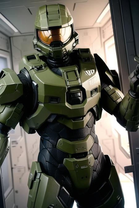 Best quality, masterpiece,
1boy,  <lora:masterchief:0.7>, masterchief, armor, belt, energy_gun, full_armor, helmet, machinery, mecha, no_humans, pilot, pilot_suit, power_armor, robot, solo,
holding weapon, weapon, (in spaceship:1.5), corridor background,