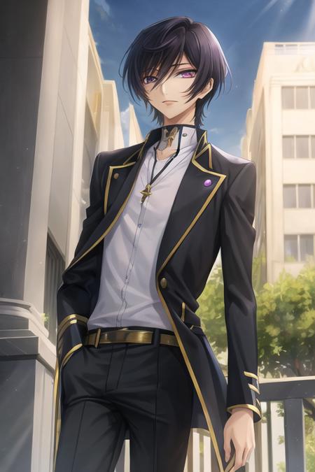 masterpiece, best quality,
lelouch lamperouge, student,
solo, ((ashford academy uniform)), portrait
short hair, purple eyes, geass
belt, black belt, black jacket, black pants, 
mksks style, professional lightning, spotlight, city,