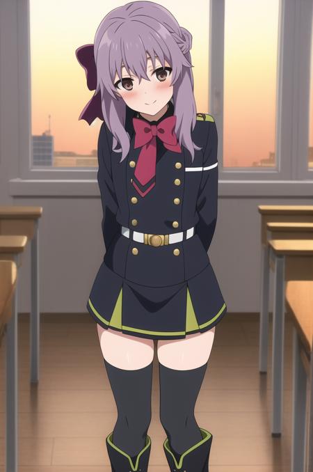 (masterpiece), high quality, detailed background 1girl, solo,
 <lora:OwariNoSeraphHiragi-v1-01:0.7>, ChopioHiragi, bow, purple hair, braid, hair bow, red bow, looking at viewer, (blush:1.3),
indoors, classroom, windows, sunset, standing, smile, cute pose,
Hiragi_Uniform, military uniform, red tie, long sleeves, white belt, gold buttons, zettai ryouiki, black thighhighs, pleated skirt, black boots, black footwear, knee boots