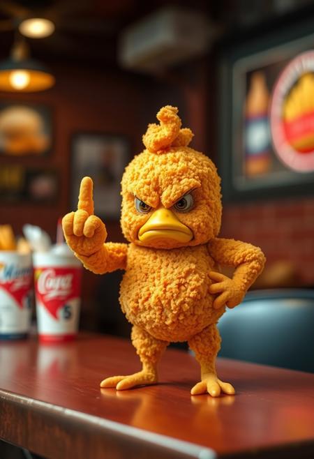 Realistic Angry chicken nugget standing on fastfood diner table showing middle finger, blurry diner background