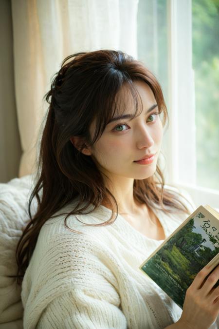 (HD, masterpiece, best quality, hyper detailed, ultra detailed, super realistic),Visualize a young woman with long, wavy brown hair nestled in a plush reading nook, wrapped in a fluffy white blanket. One hand clutches the blanket while the other holds a thick book resting on her lap. She looks gently at the camera, creating a sense of tranquility and warmth. Soft afternoon light filters through sheer curtains, casting a dreamy glow and delicate shadows on her face. Beside her, a small side table holds a cup of herbal tea and a few colorful bookmarks. The nook is adorned with plush cushions and a knitted throw, with muted colors and soft textures surrounding her, perfectly encapsulating a cozy afternoon moment dedicated to relaxation and escape into a good book., green eyes, blue eyes, brown eyes, perfecteyes, jpn-girl, Movie Still, Film Still, Cinematic, Cinematic Shot, Cinematic Lighting, SDXL Hands XL + SD 1.5 + FLUX.1-dev<lora:SDXL PerfectEyesXL.safetensors:0.8:0.8> <lora:SDXL japanese_girl_v1.1.safetensors:0.8:0.8> <lora:SDXL Juggernaut Cinematic XL LoRA.safetensors:0.8:0.8> <lora:SDXL Hands XL + SD 1.5 + FLUX.1-dev.safetensors:0.8:0.8>