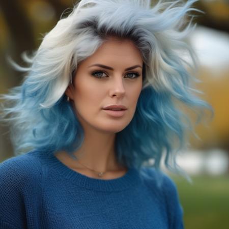 <lora:rachelhunter_v4:.99> contrasts<lora:offset_0.2:.5>rachelhunter a woman wearing a sweater, blue hair blowing in the wind, jeans, outside, park , portrait,  (closeup:.75), beautiful bone structure, (realistic, photo-realistic:1.37), ultra high res, ultra-detailed, incredibly beautiful girl, 8k uhd, dslr, soft lighting, high quality, film grain, Fujifilm XT3